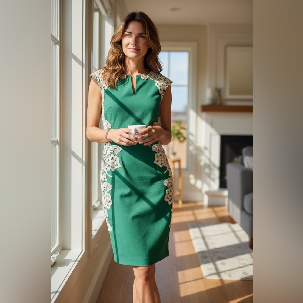 paper doll Green Midi Dress with Cream Lace Insets
